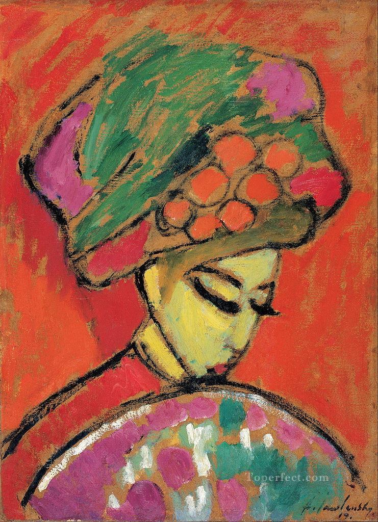 young girl with a flowered hat 1910 Alexej von Jawlensky Expressionism Oil Paintings
